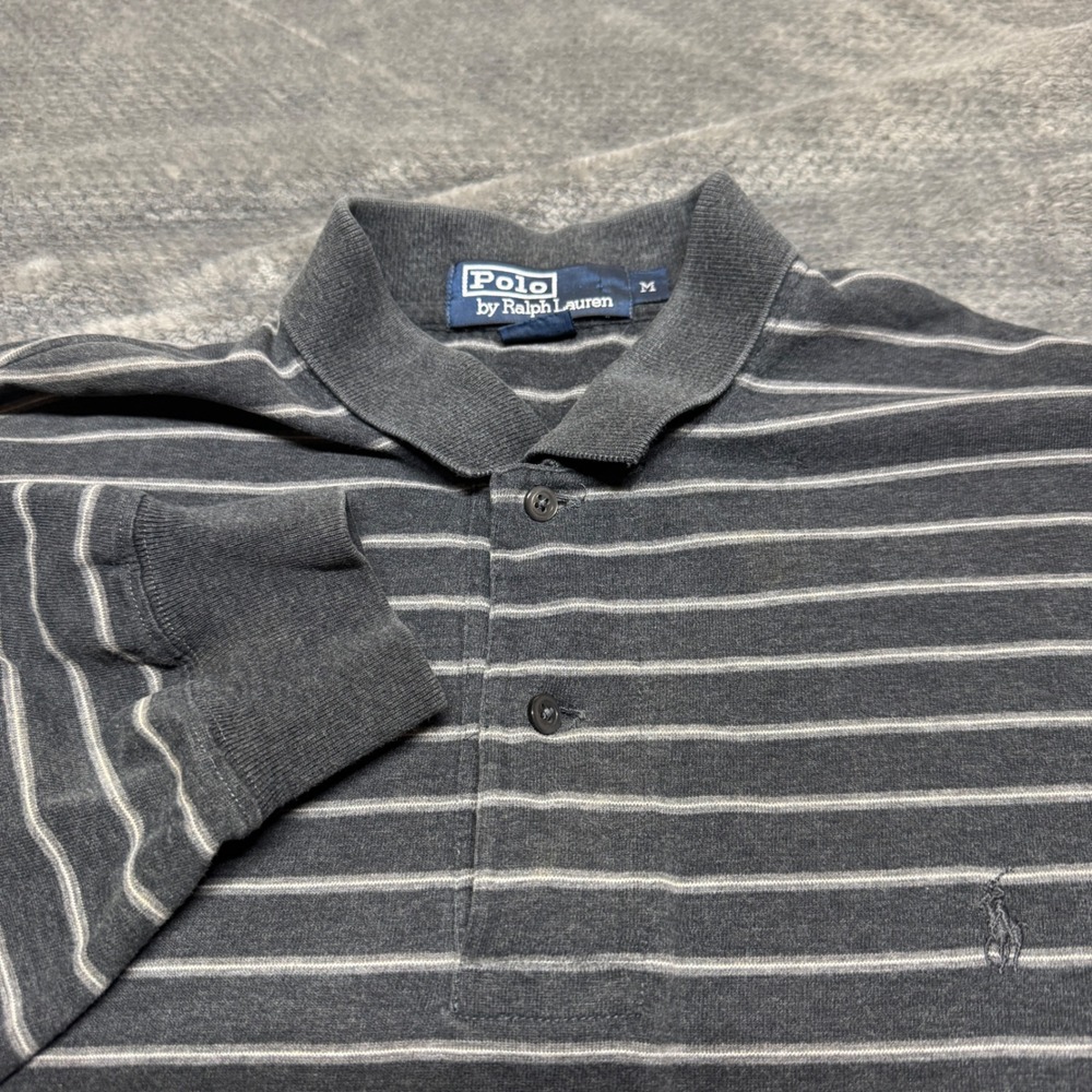 Polo Ralph Lauren Mens Long Sleeve Striped Polo Shirt Gray White Size M Cotton